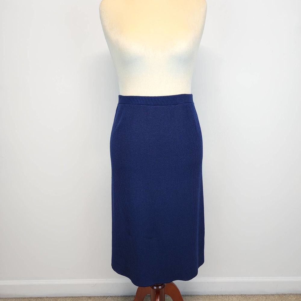 Vintage 70s Fisherman Knit Midi Skirt Womens 16 Blue Pull On Union Tag Career